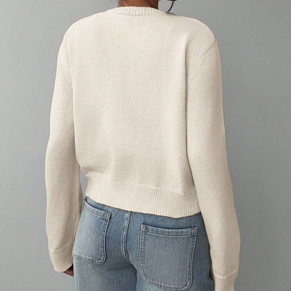 Beige Casual Women's Round Neck Long Sleeve Loose Cropped Sweater Cardigan - Picture 2 of 6